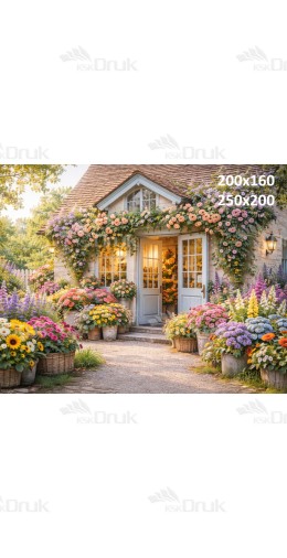 Tło fotograficzne „Kwiatowy domek z kamienną ścieżką” | E853